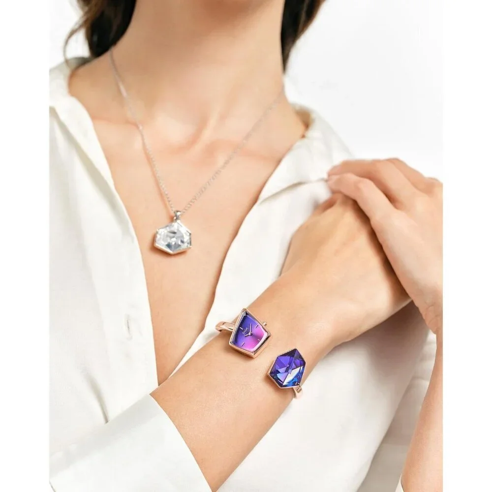 Women's Purple Cuff Bangle Quartz Watch Shaped Mineral Case Stainless Steel